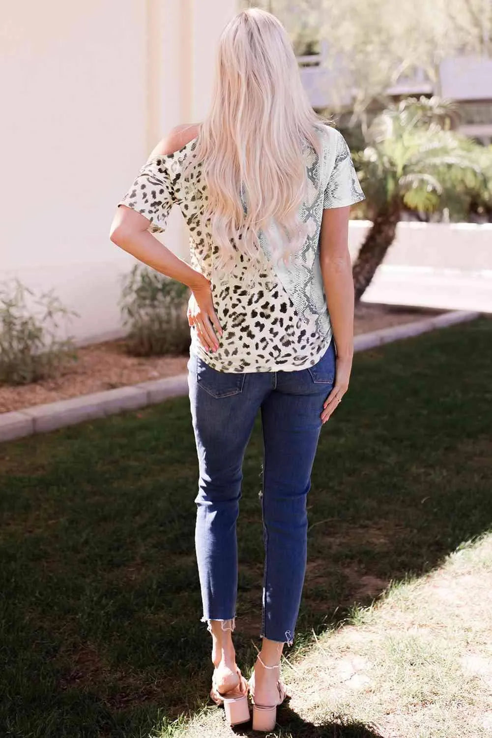 Two-Tone Animal Print Cutout Tee Women's T-Shirts - Tophatter Daily Deals