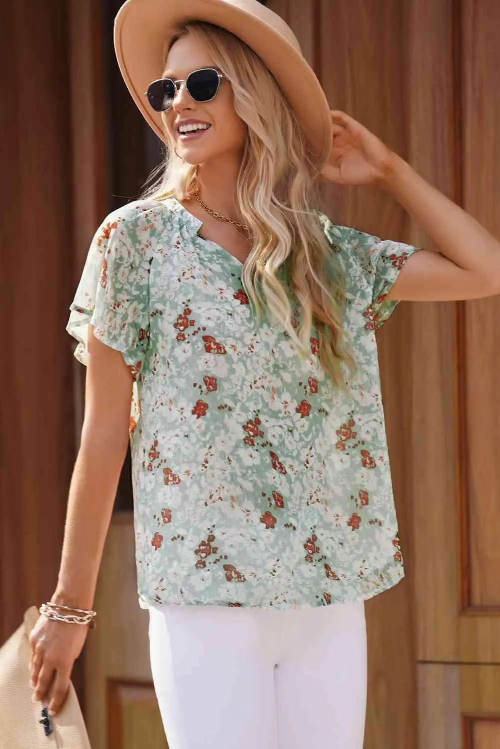 Floral Notched Neck Flutter Sleeve Blouse Blouses - Tophatter Daily Deals