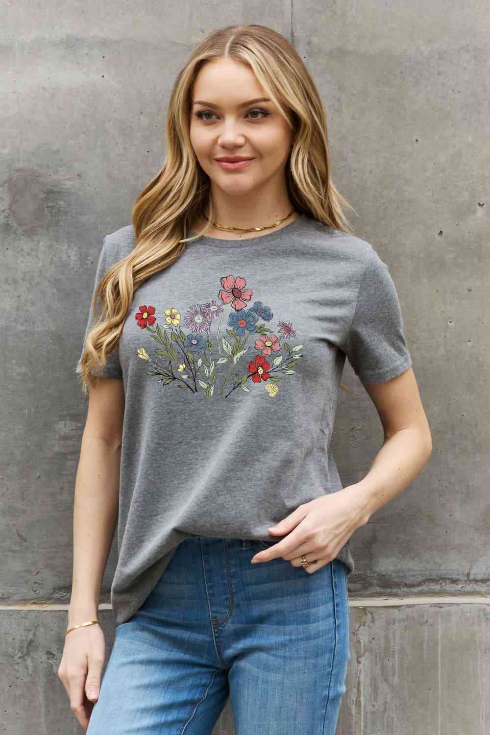 Simply Love Simply Love Full Size Flower Graphic Cotton Tee Charcoal Women's T-Shirts - Tophatter Daily Deals