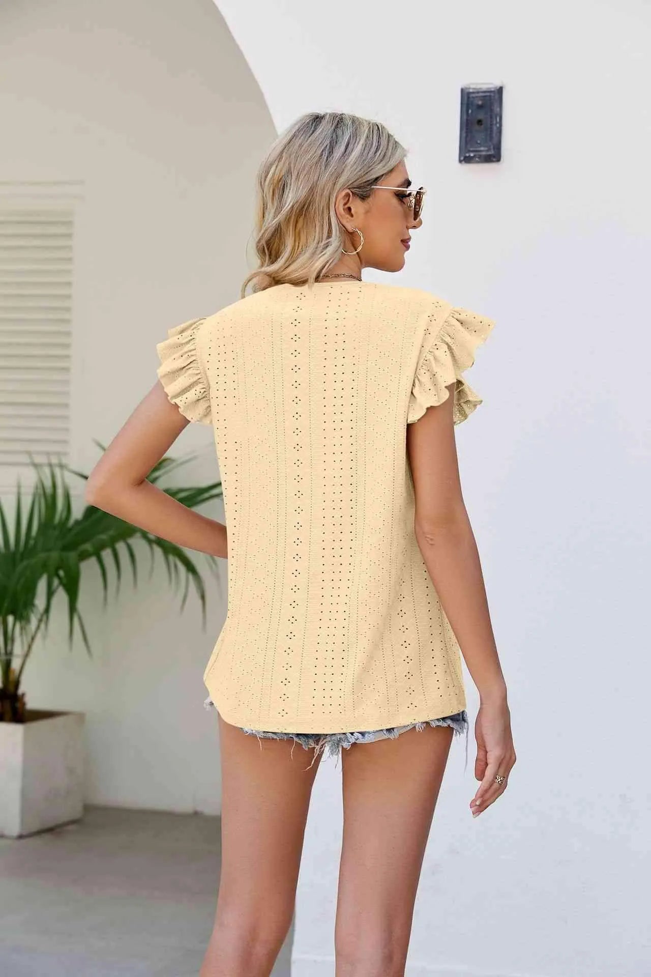 Smocked Round Neck Flutter Sleeve Top Blouses - Tophatter Daily Deals