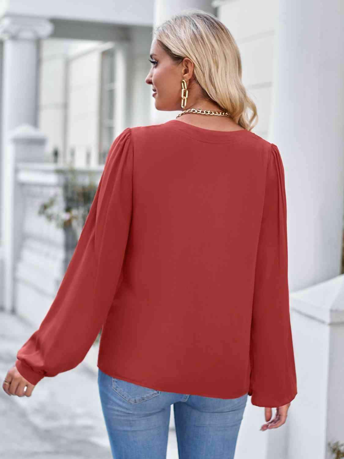 Notched Neck Puff Sleeve Blouse Blouses - Tophatter Daily Deals