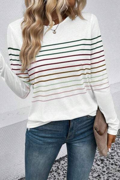 Striped Round Neck Long Sleeve T-Shirt Women's T-Shirts - Tophatter Daily Deals