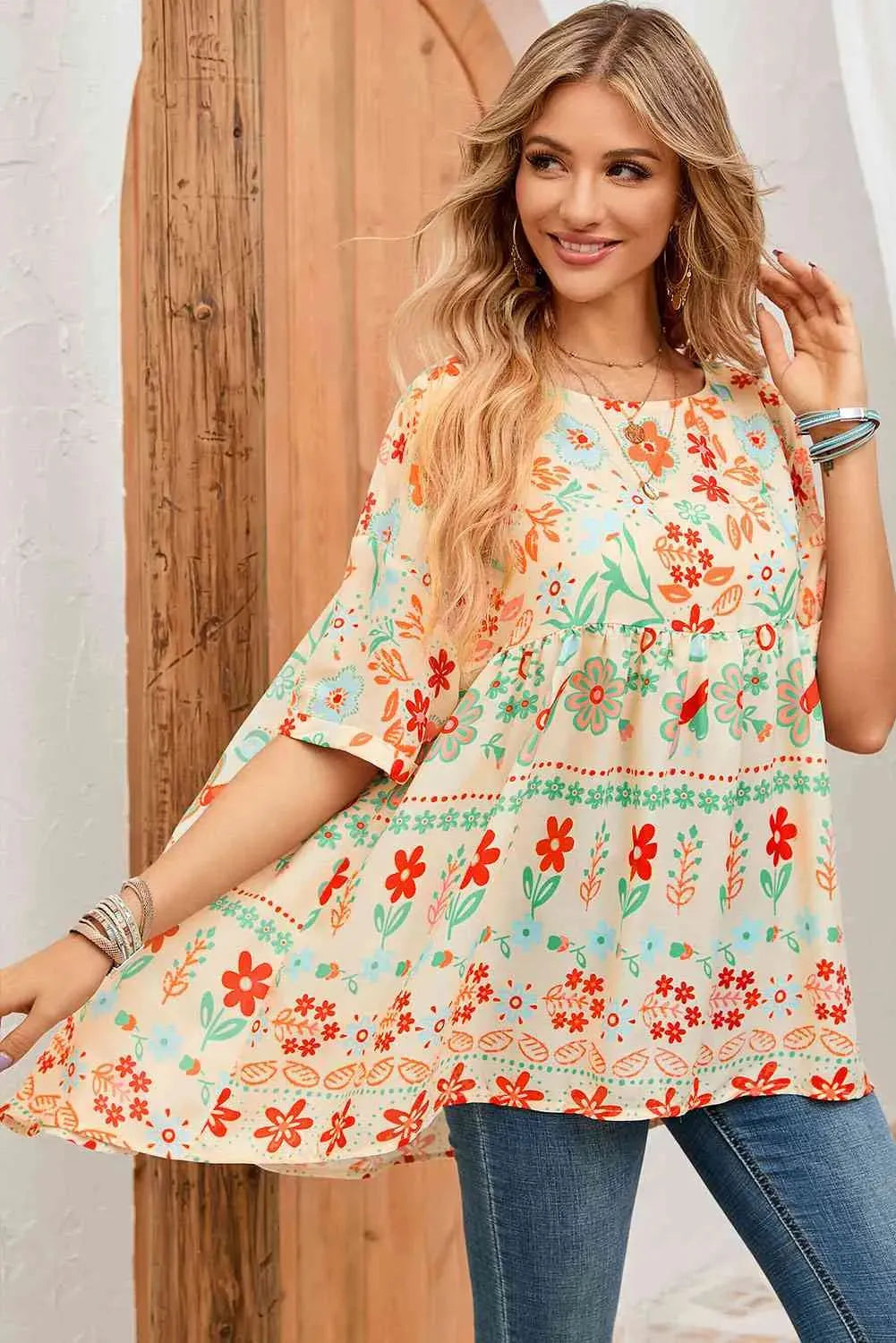 Floral Round Neck Babydoll Blouse Blouses - Tophatter Daily Deals