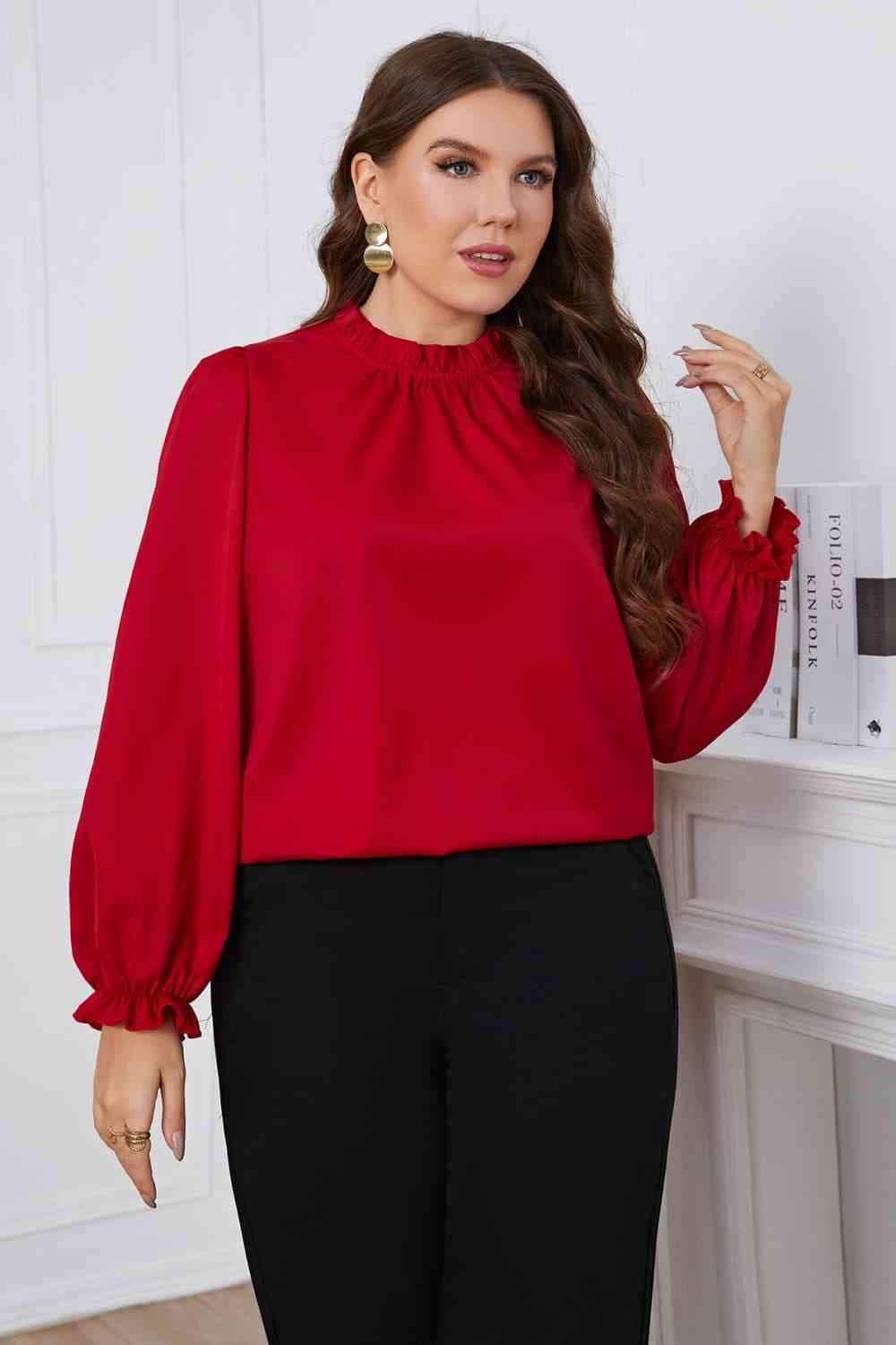 Melo Apparel Plus Size Frill Trim Flounce Sleeve Round Neck Blouse Red Blouses - Tophatter Daily Deals