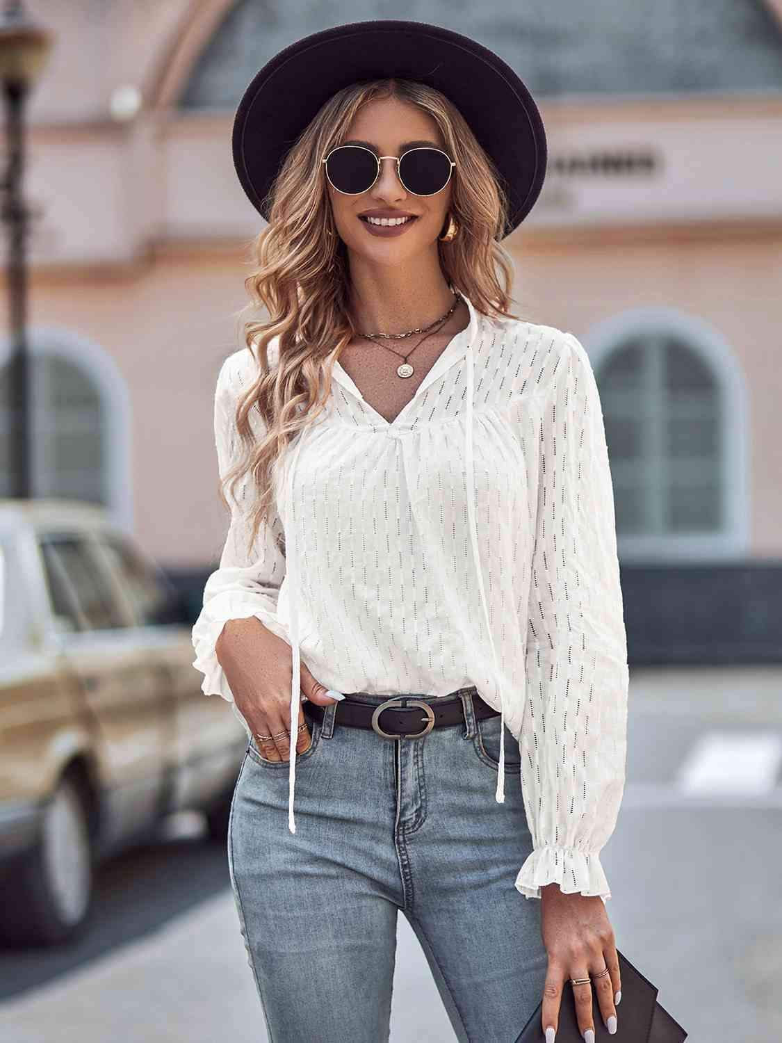 Tie Neck Flounce Sleeve Blouse Blouses - Tophatter Daily Deals