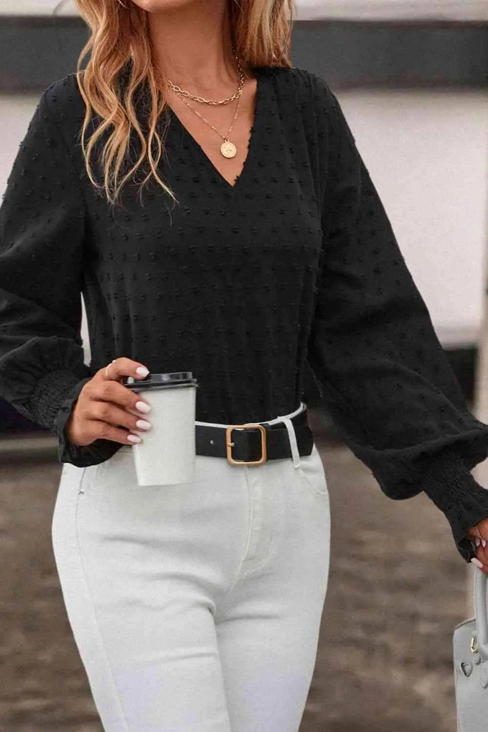 Swiss Dot V-Neck Flounce Sleeve Blouse Blouses - Tophatter Daily Deals