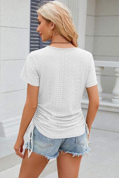 Eyelet Round Neck Short Sleeve T-Shirt Women's T-Shirts - Tophatter Daily Deals