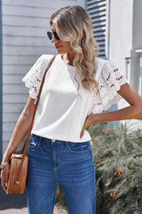 Round Neck Openwork Flutter Sleeve Top Blouses - Tophatter Daily Deals
