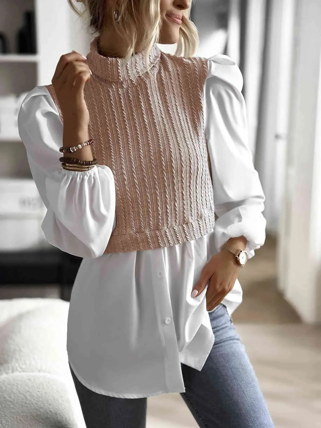 Contrast Cable-Knit Mock Neck Top Blouses - Tophatter Daily Deals