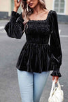 Smocked Square Neck Long Sleeve Blouse Blouses - Tophatter Daily Deals