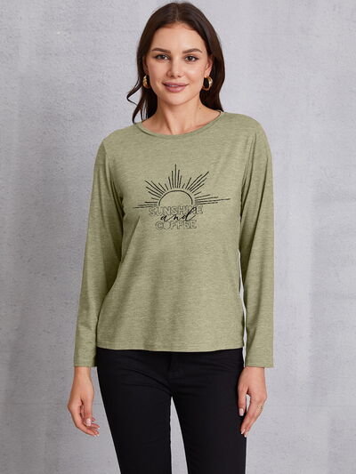 SUNSHINE COFFE Round Neck Long Sleeve T-Shirt Sage Women's T-Shirts - Tophatter Daily Deals