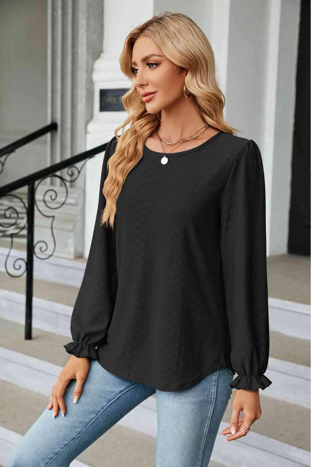 Round Neck Flounce Sleeve Blouse Blouses - Tophatter Daily Deals