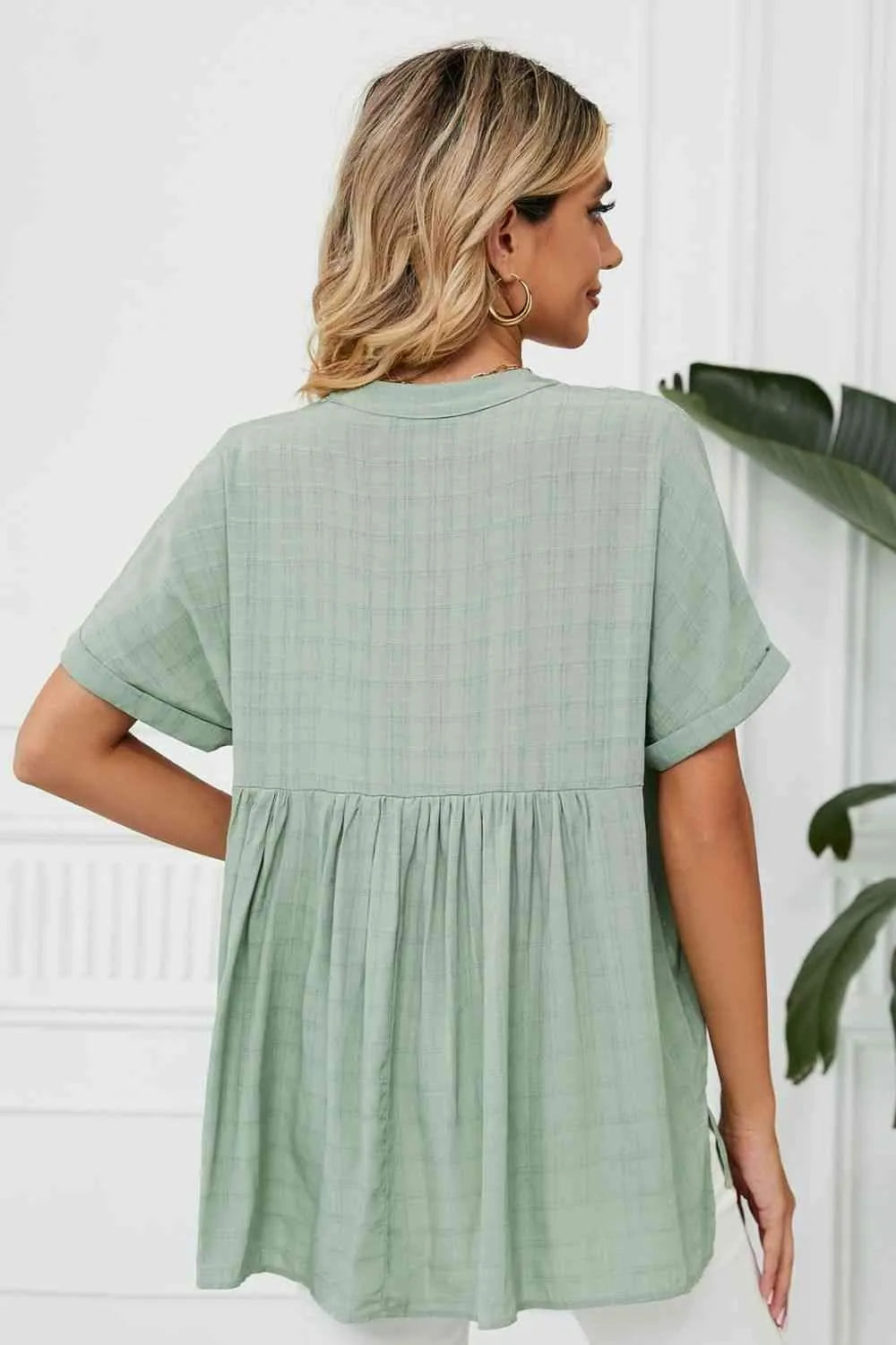 Side Slit Notched Neck Cuffed Short Sleeve Blouse Blouses - Tophatter Daily Deals