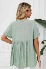 Side Slit Notched Neck Cuffed Short Sleeve Blouse Blouses - Tophatter Daily Deals
