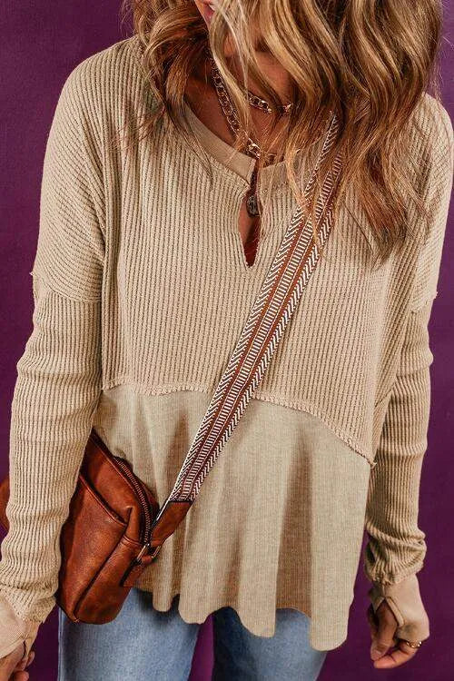 Notched Neck Long Sleeve Slit Blouse Blouses - Tophatter Daily Deals