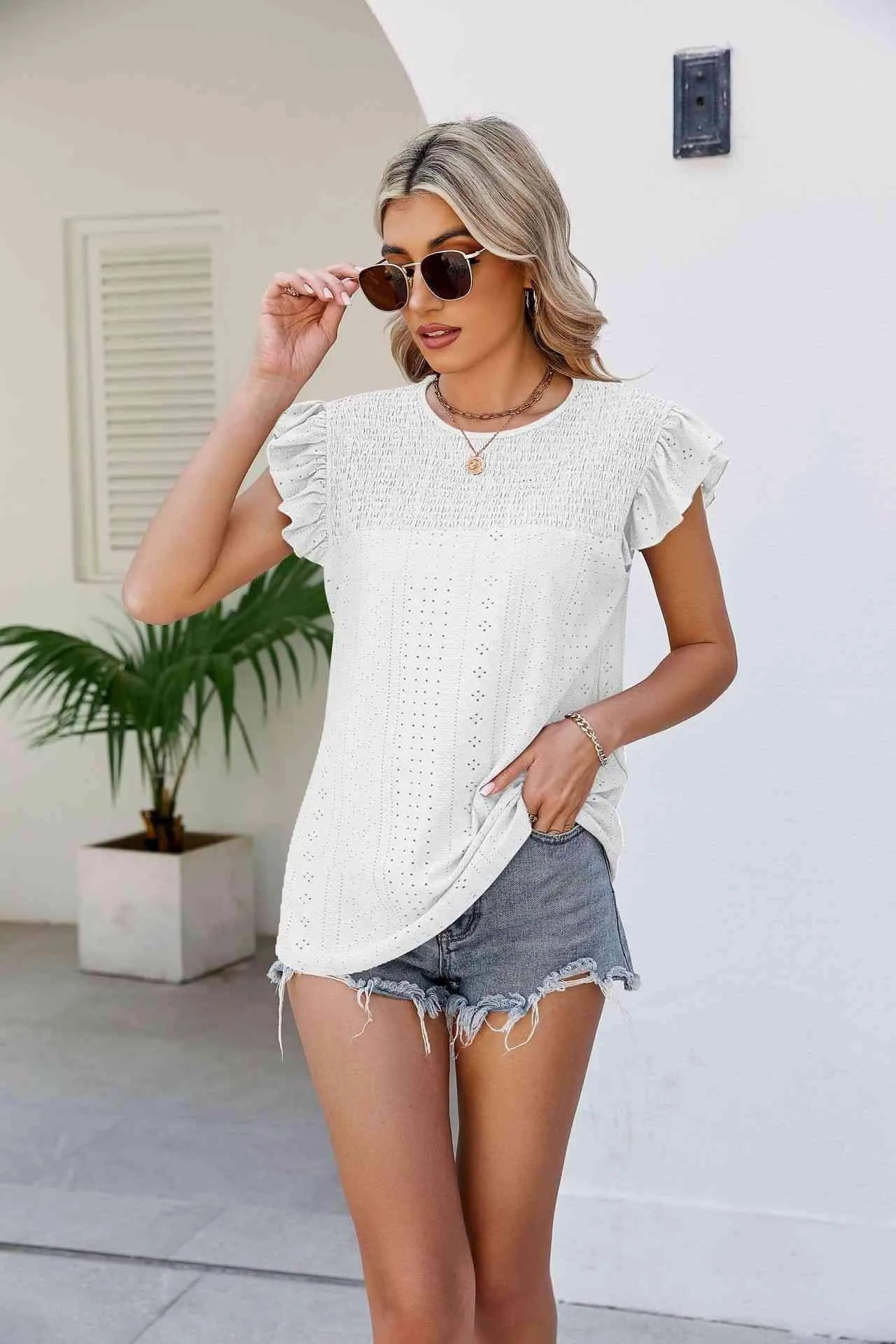 Smocked Round Neck Flutter Sleeve Top Blouses - Tophatter Daily Deals