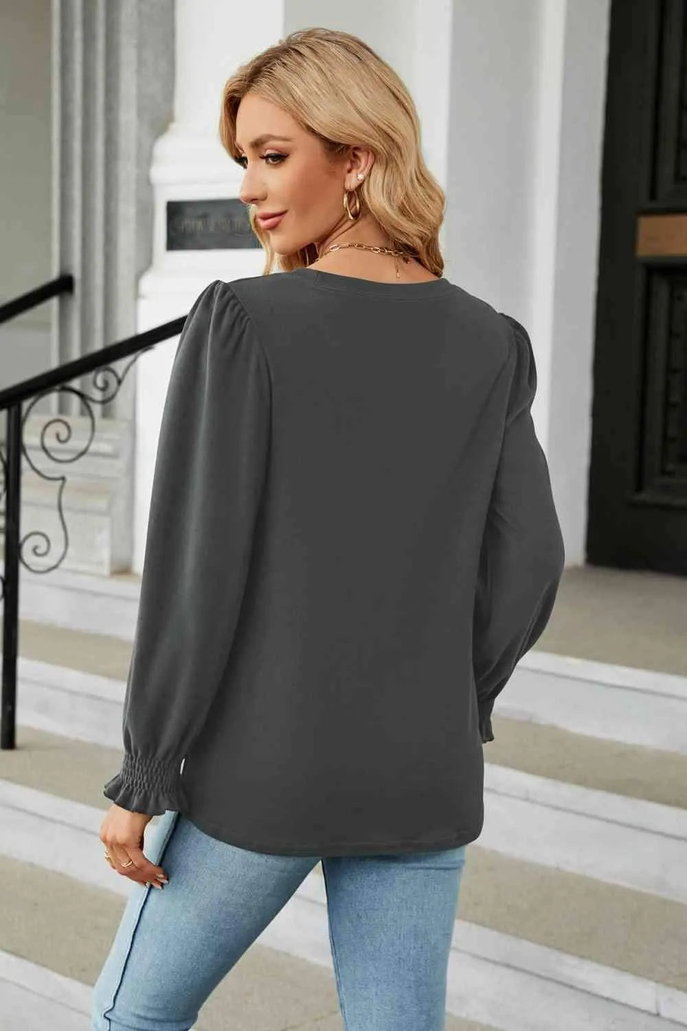 Round Neck Smocked Flounce Sleeve Blouse Blouses - Tophatter Daily Deals