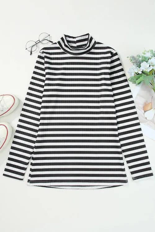 Double Take Striped Mock Neck Long Sleeve Top Blouses - Tophatter Daily Deals