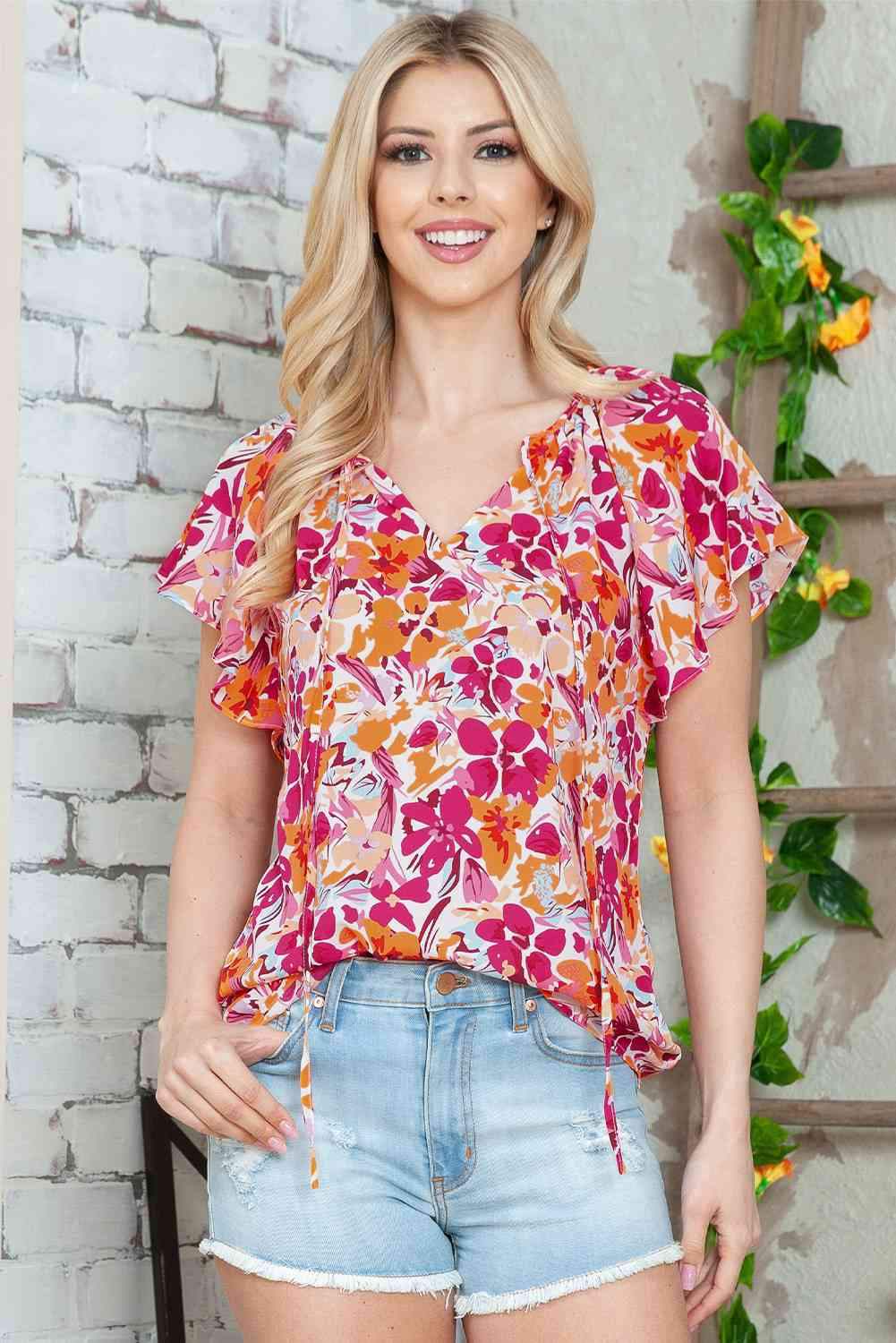 Floral Tie Neck Flutter Sleeve Blouse Blouses - Tophatter Daily Deals