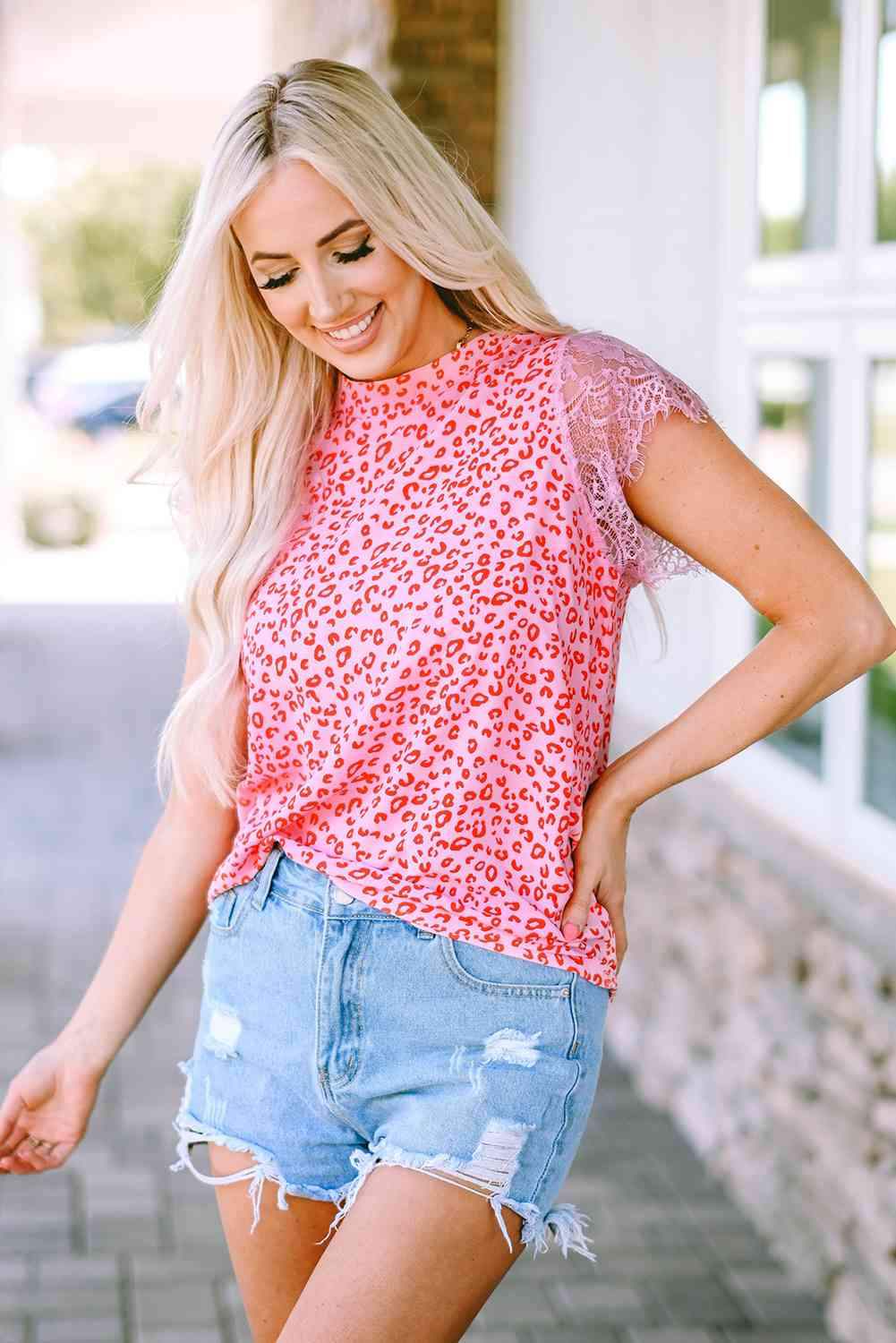 Leopard Print Lace Short Sleeve Blouse Blouses - Tophatter Daily Deals