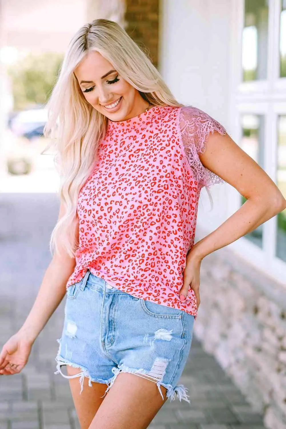 Leopard Print Lace Short Sleeve Blouse Blouses - Tophatter Daily Deals