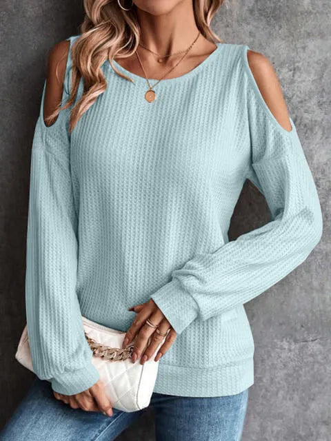 Round Neck Cold-Shoulder Waffle-Knit Top Pastel Blue Blouses - Tophatter Daily Deals