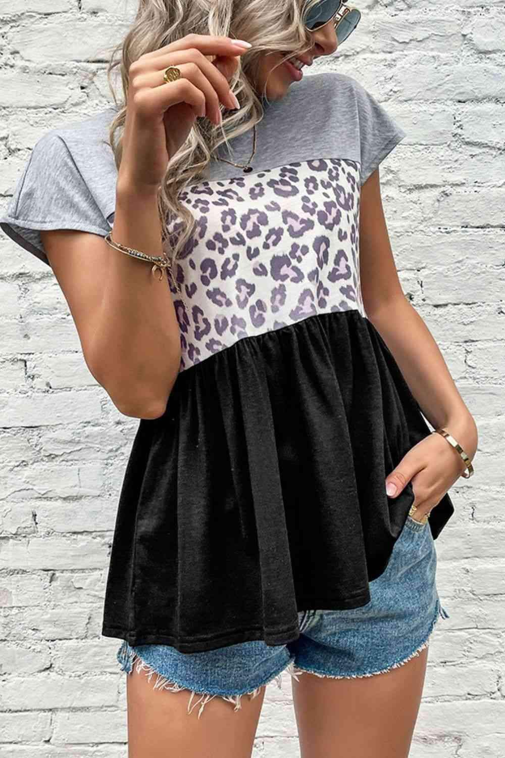 Leopard Color Block Babydoll Tee Shirt Blouses - Tophatter Daily Deals