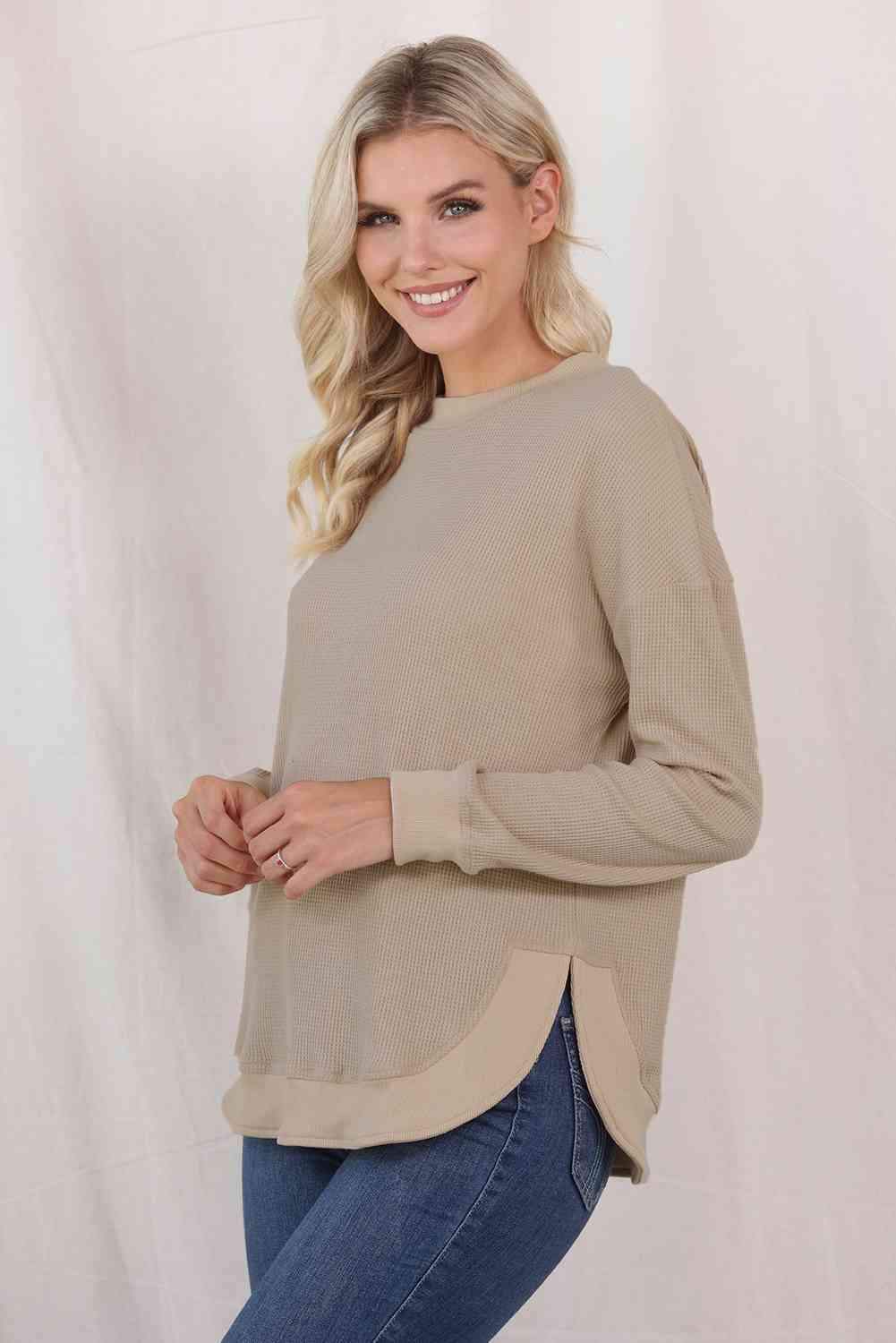 Waffle-Knit Crewneck Drop Shoulder Top Women's T-Shirts - Tophatter Daily Deals