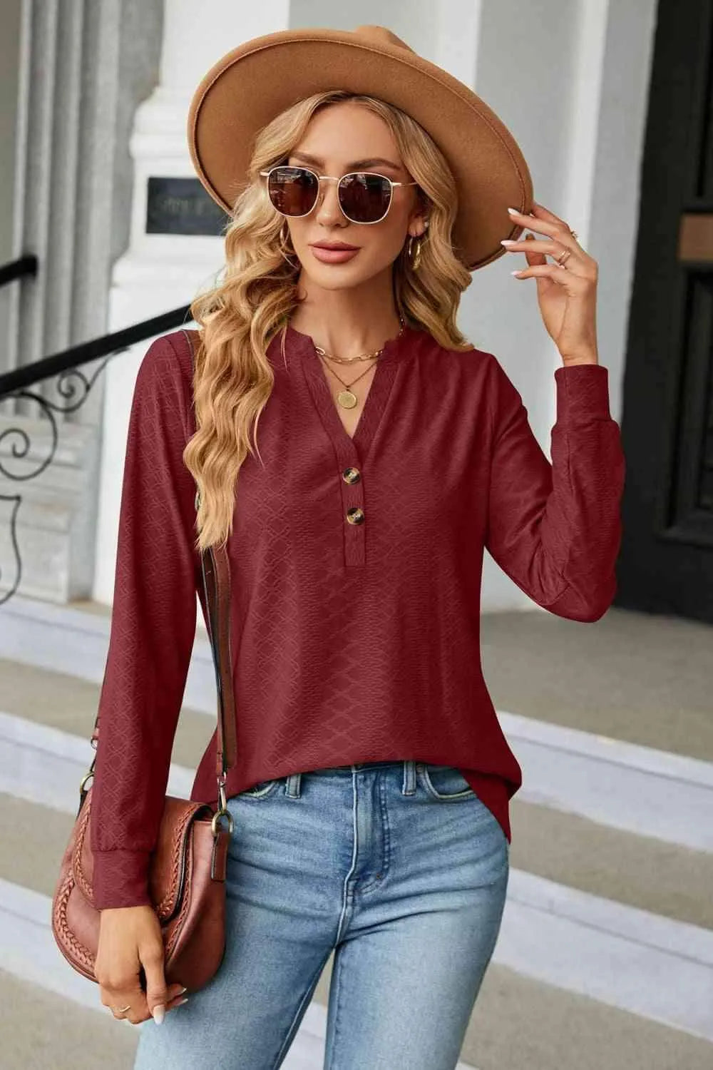 Notched Neck Long Sleeve Buttoned Blouse Wine Blouses - Tophatter Daily Deals