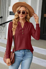 Notched Neck Long Sleeve Buttoned Blouse Wine Blouses - Tophatter Daily Deals