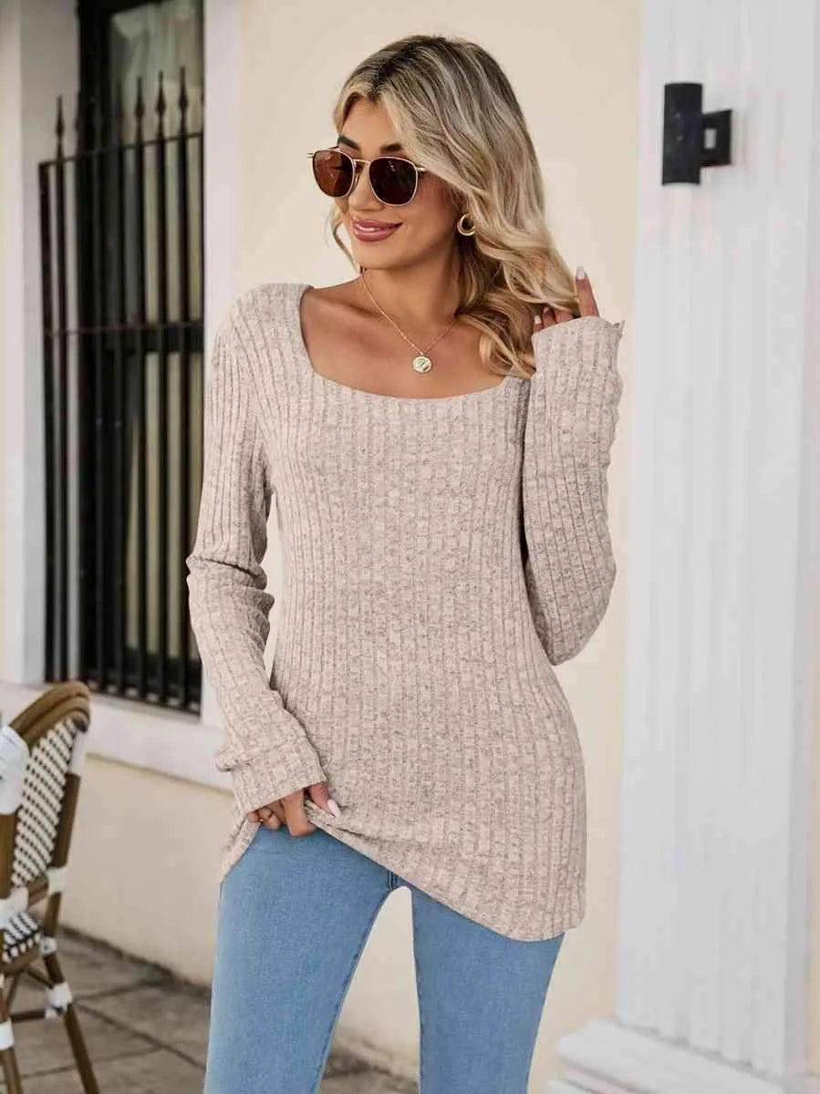 Square Neck Ribbed Long Sleeve T-Shirt Beige Women's T-Shirts - Tophatter Daily Deals