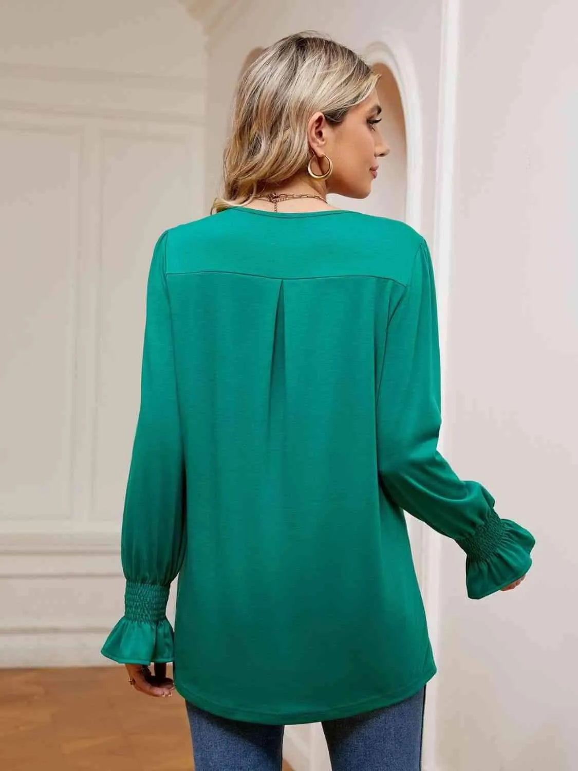 V-Neck Flounce Sleeve Blouse Blouses - Tophatter Daily Deals