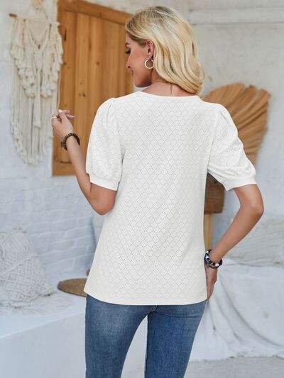 Eyelet Asymmetrical Neck Short Sleeve T-Shirt Women's T-Shirts - Tophatter Daily Deals