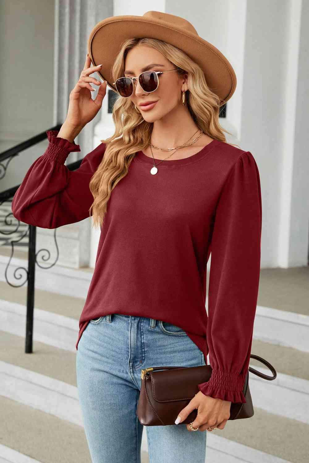 Round Neck Smocked Flounce Sleeve Blouse Wine Blouses - Tophatter Daily Deals