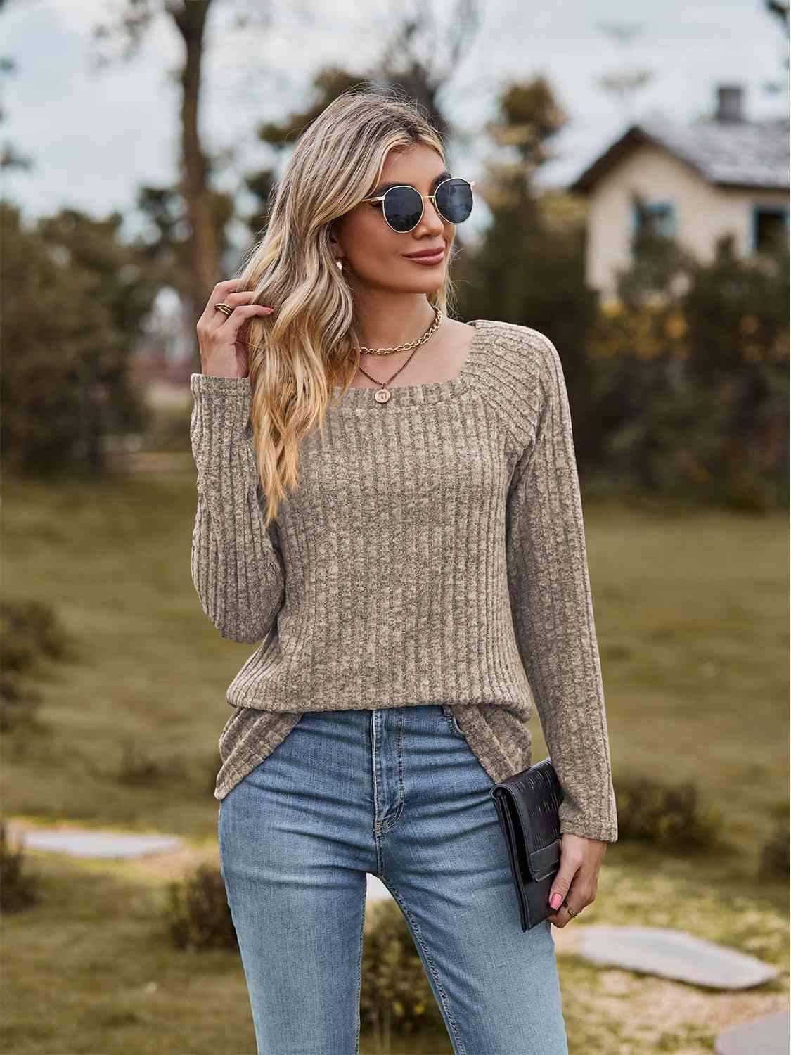 Full Size Ribbed Square Neck Long Sleeve T-Shirt Women's T-Shirts - Tophatter Daily Deals