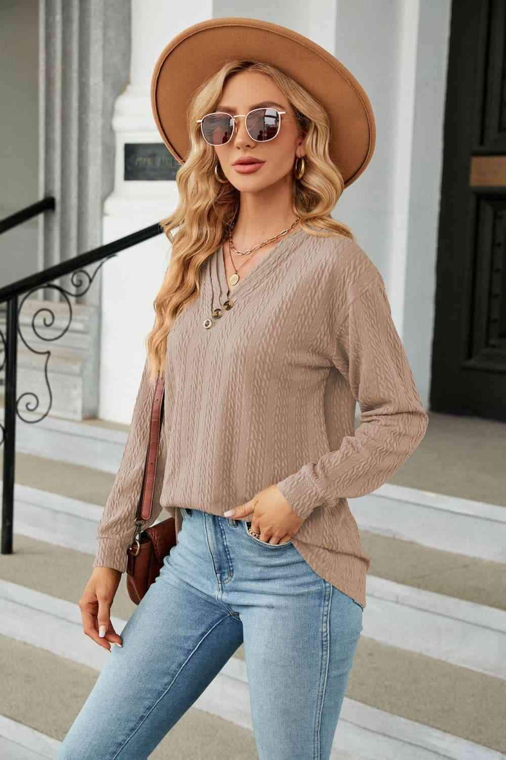 Decorative Button V-Neck Long Sleeve T-Shirt Women's T-Shirts - Tophatter Daily Deals