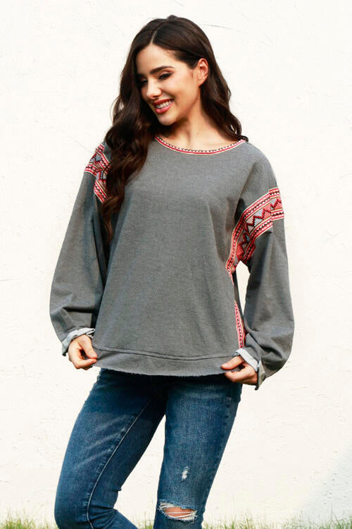 Geometric Round Neck Long Sleeve T-Shirt Women's T-Shirts - Tophatter Daily Deals