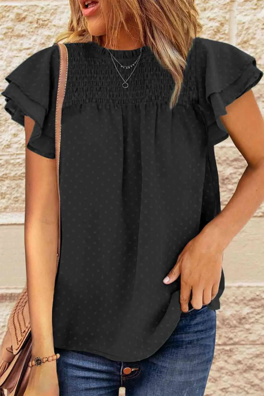 Layered Flutter Sleeve Smocked Blouse Black Blouses - Tophatter Daily Deals