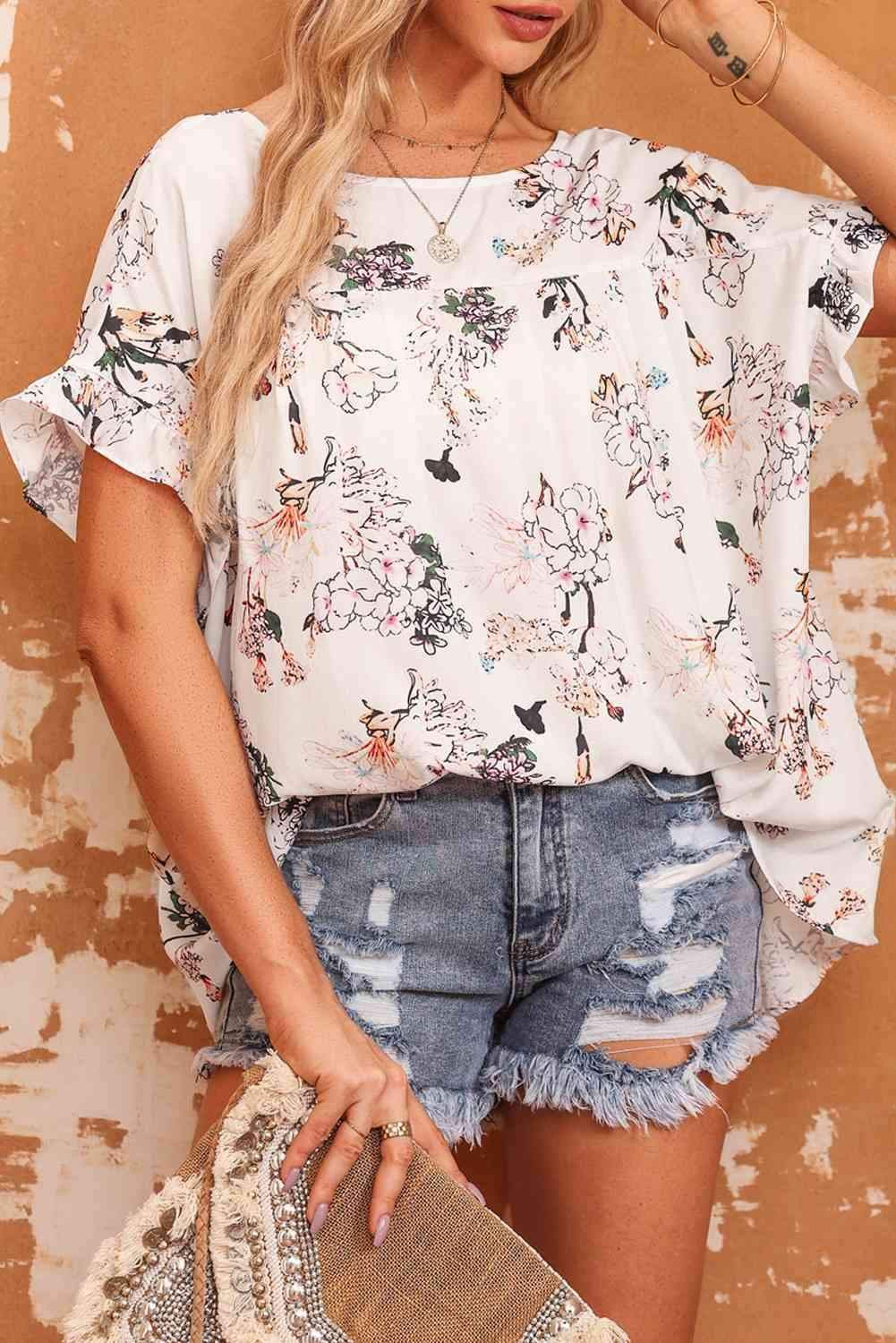 Floral Boat Neck Flounce Sleeve Blouse Blouses - Tophatter Daily Deals