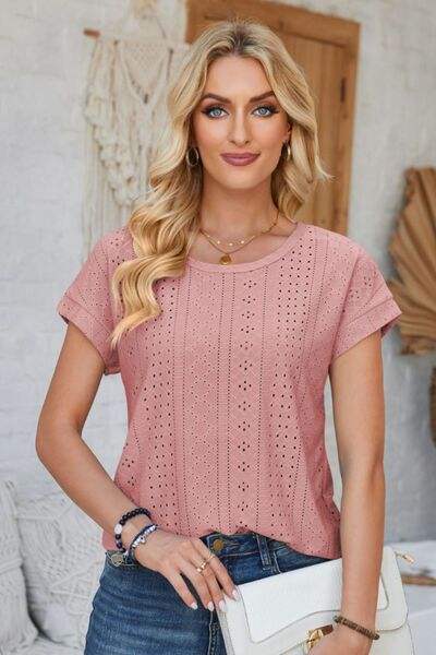 Eyelet Round Neck Rolled Short Sleeve T-Shirt Dusty Pink Women's T-Shirts - Tophatter Daily Deals