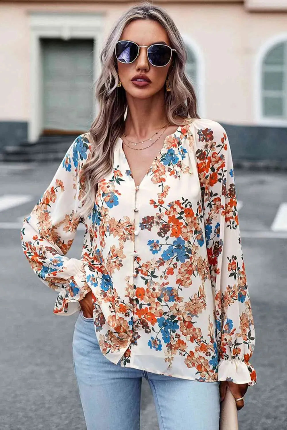 Floral Print Flounce Sleeve Blouse Cream Blouses - Tophatter Daily Deals