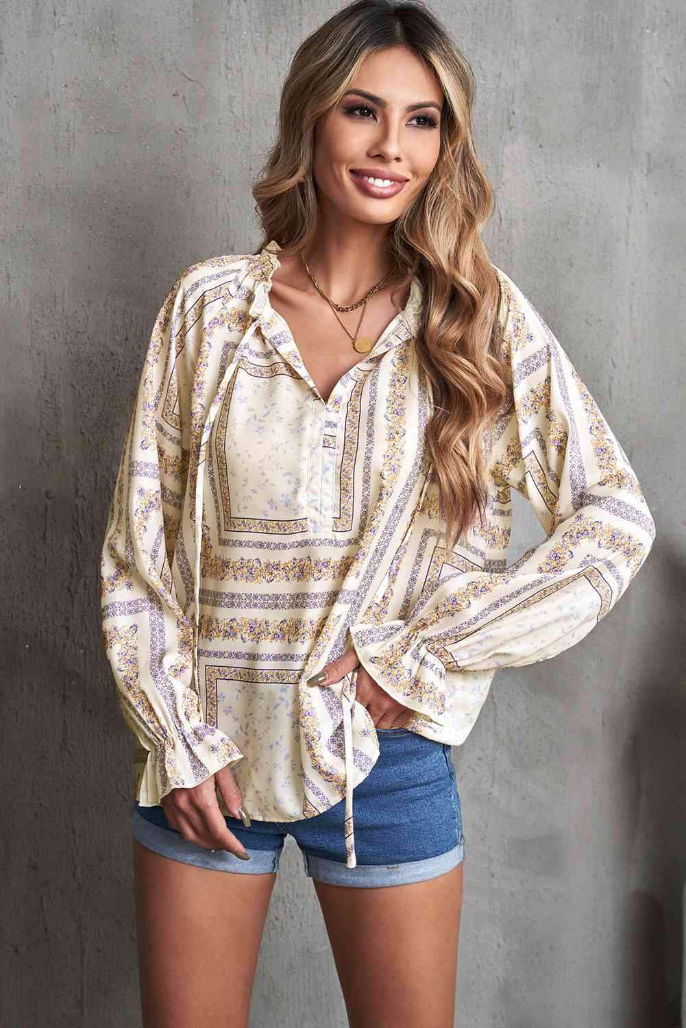 Printed Flounce Sleeve Ruffled Neck Blouse Blouses - Tophatter Daily Deals