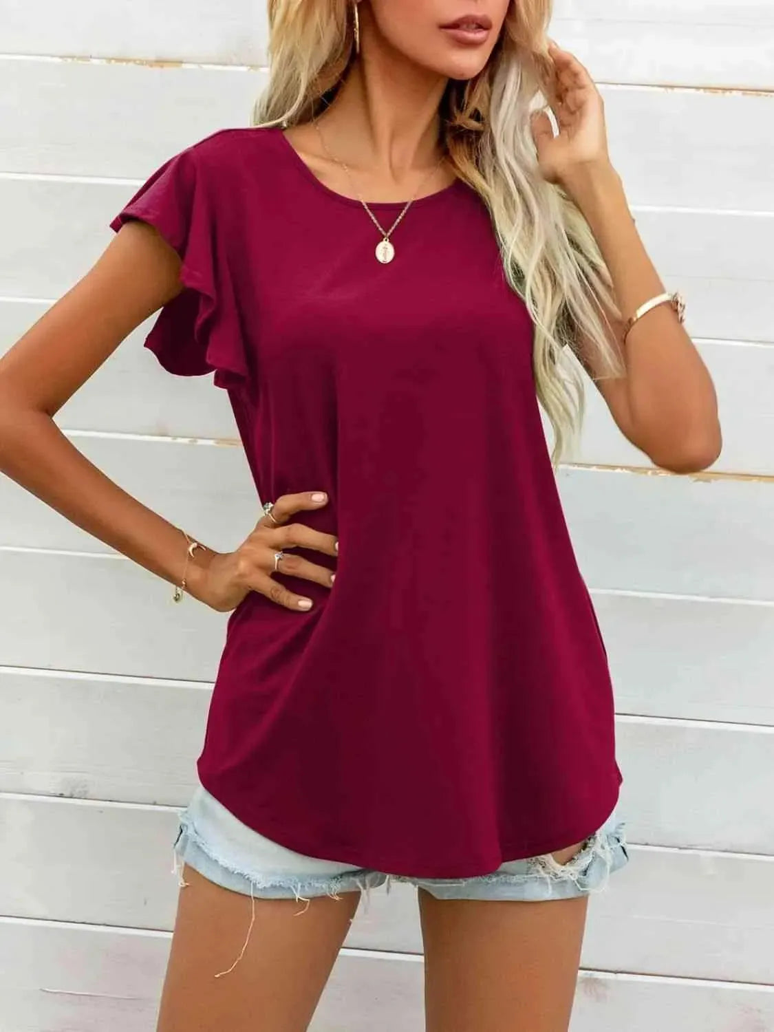 Round Neck Butterfly Sleeve Top Blouses - Tophatter Daily Deals