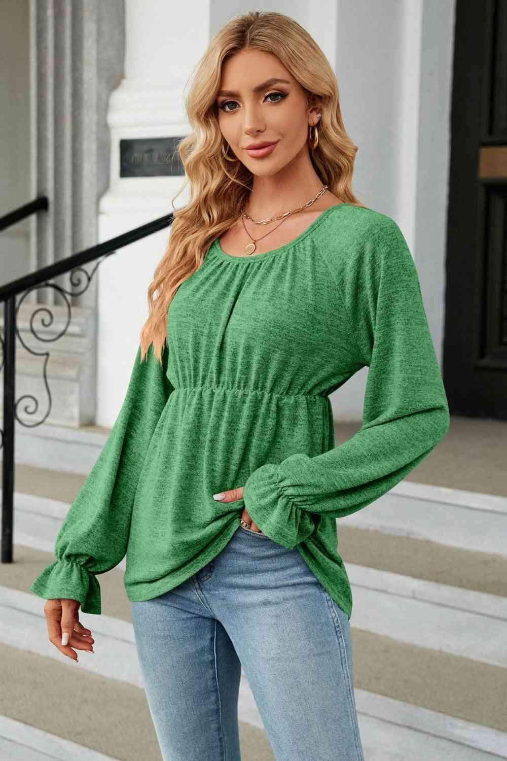 Round Neck Flounce Sleeve Blouse Blouses - Tophatter Daily Deals