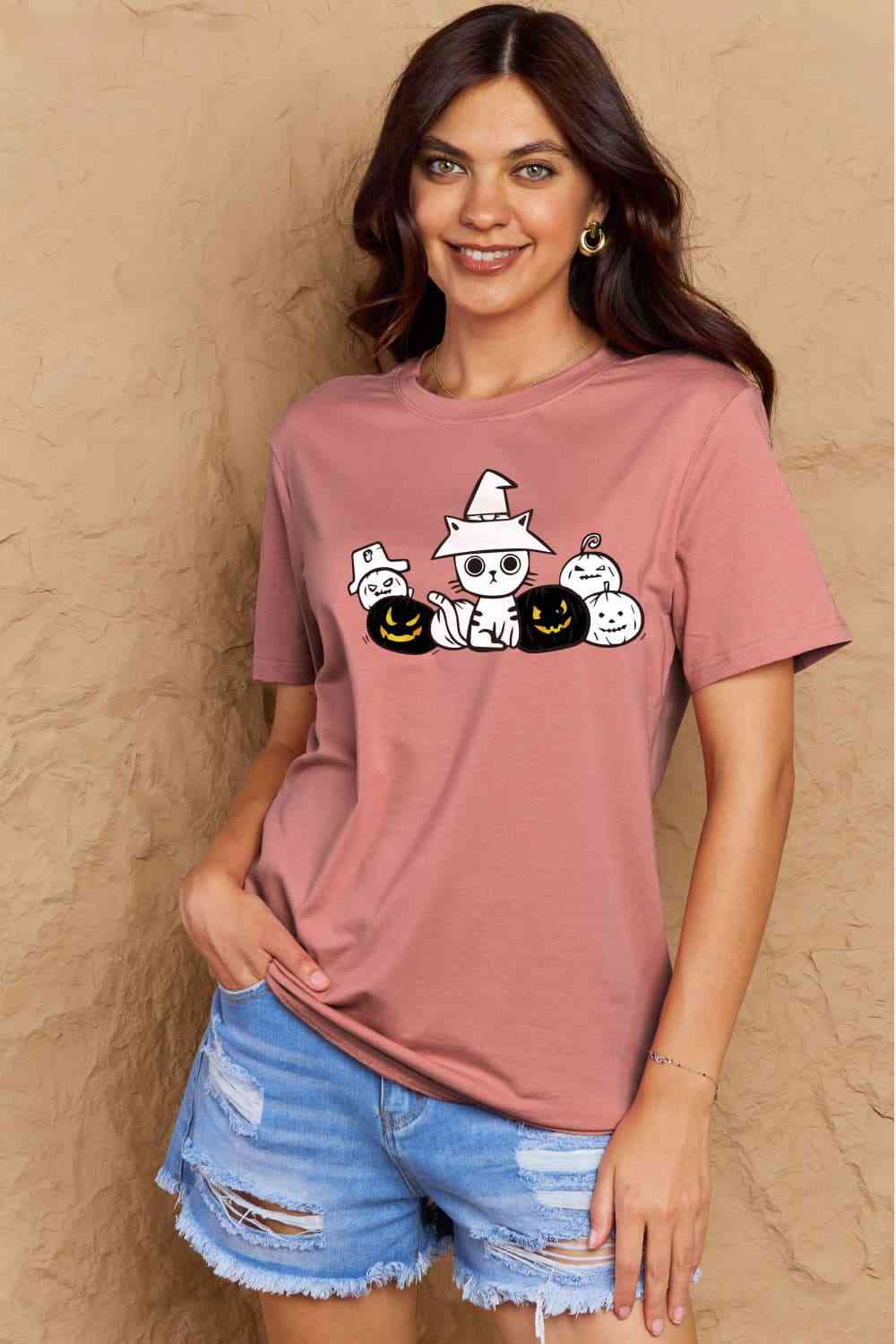 Simply Love Full Size Cat & Pumpkin Graphic Cotton T-Shirt Dusty Pink Women's T-Shirts - Tophatter Daily Deals