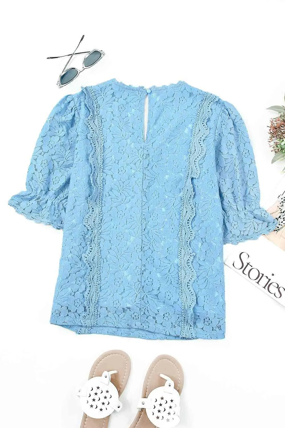 Lace V-Neck Flounce Sleeve Top Blouses - Tophatter Daily Deals