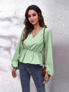 V-Neck Balloon Sleeve Peplum Blouse Light Green Blouses - Tophatter Daily Deals