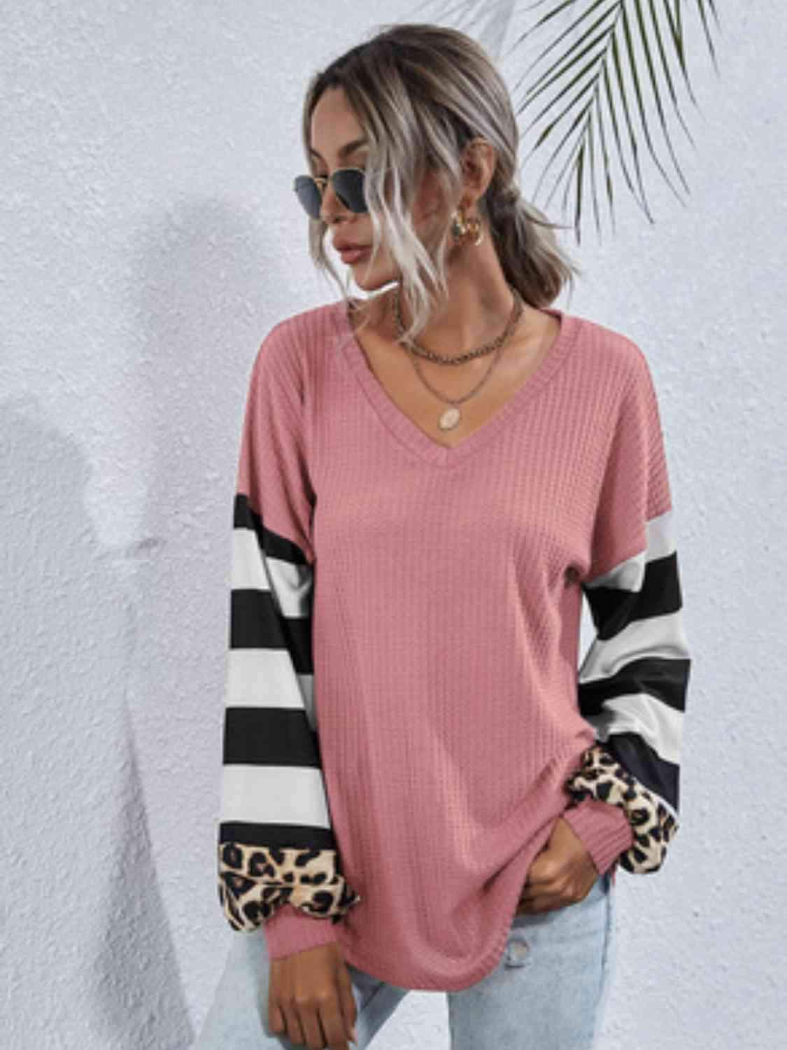 Leopard Striped Waffle-Knit Top Blouses - Tophatter Daily Deals