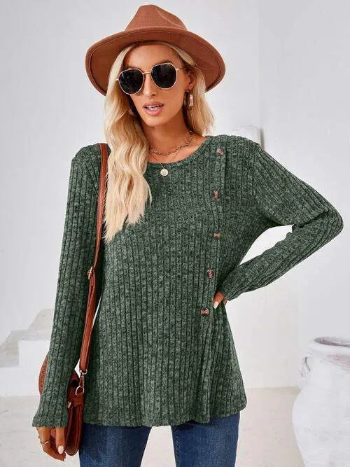 Ribbed Buttoned Round Neck Slit T-Shirt Women's T-Shirts - Tophatter Daily Deals