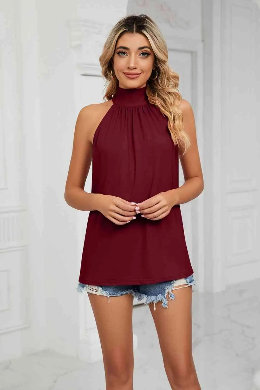 Gathered Detail Tied Sleeveless Top Wine Blouses - Tophatter Daily Deals